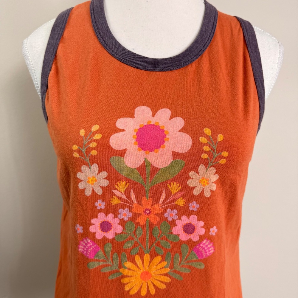 Natural Life Womens Rust Folk Floral Ringer Tank Top Orange Large Sleeveless - Picture 3 of 6